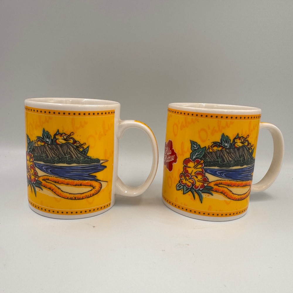 Hilo Hattie O'ahu Hawaii Coffee Mugs Set of 2 Island Heritage 2002 Yellow Mugs